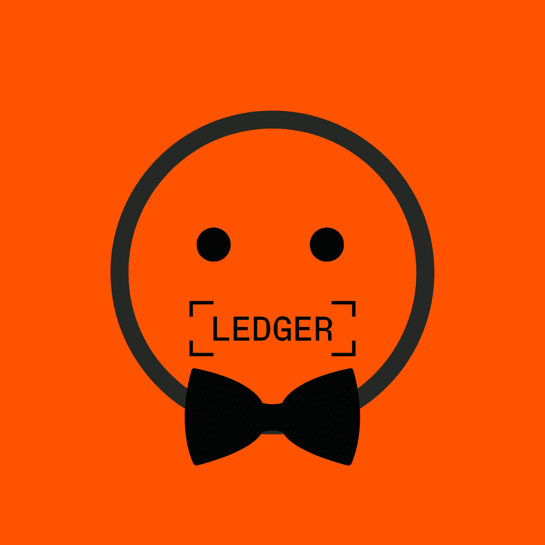 Orange background with a smily face with the mouth as the Ledger logo and a black bow tie