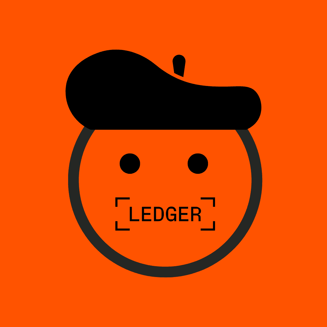 Orange background with a smily face with the mouth as the Ledger logo and a beret