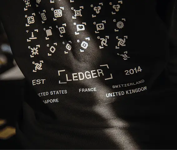 A close up of a hoodie with symbols and the ledger logo on it.