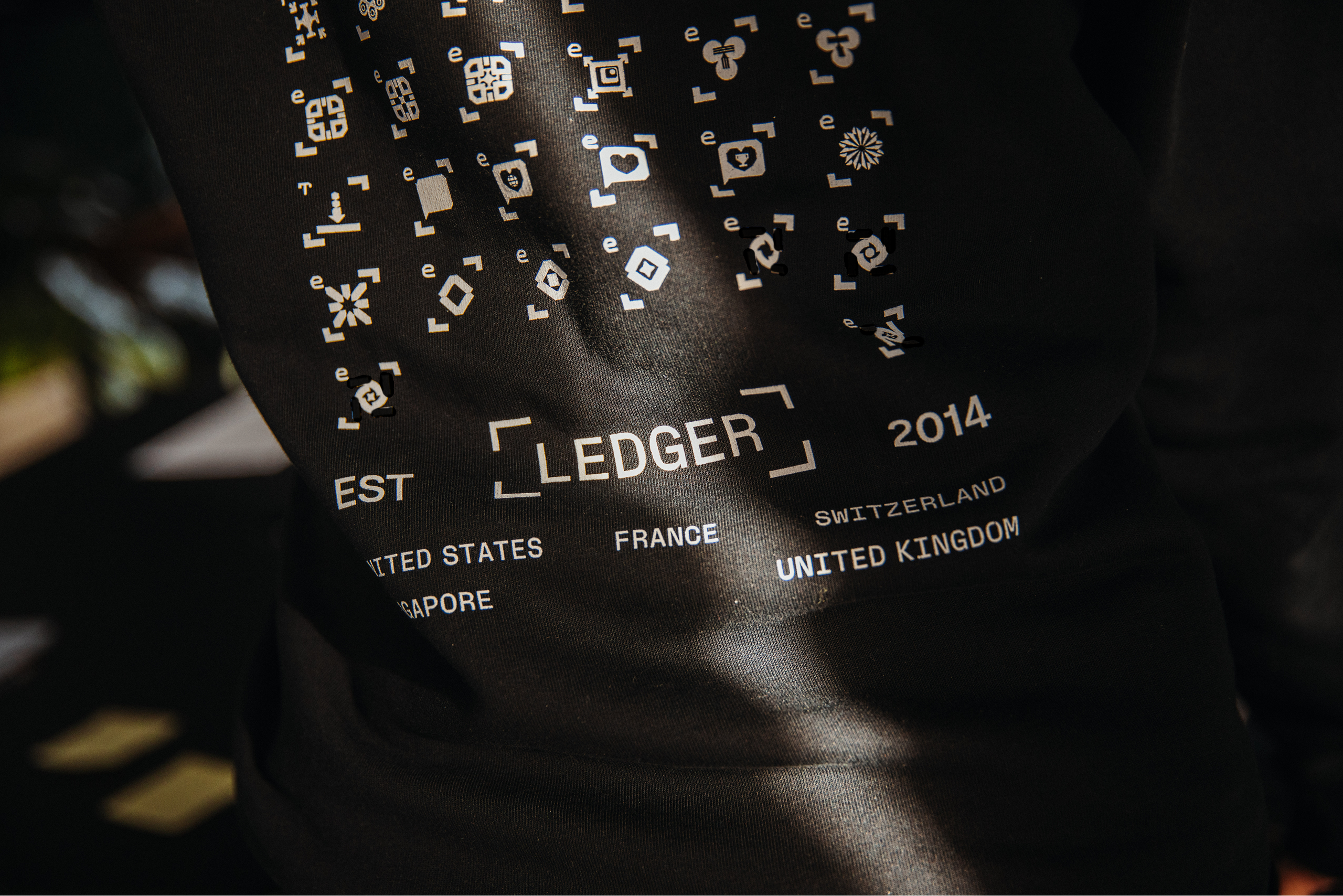 IMG_6088 1 – Edited – Edited Close up of hoodie with ledger est 2014 united states, singapore, france switzerland and united kingdom plus icons